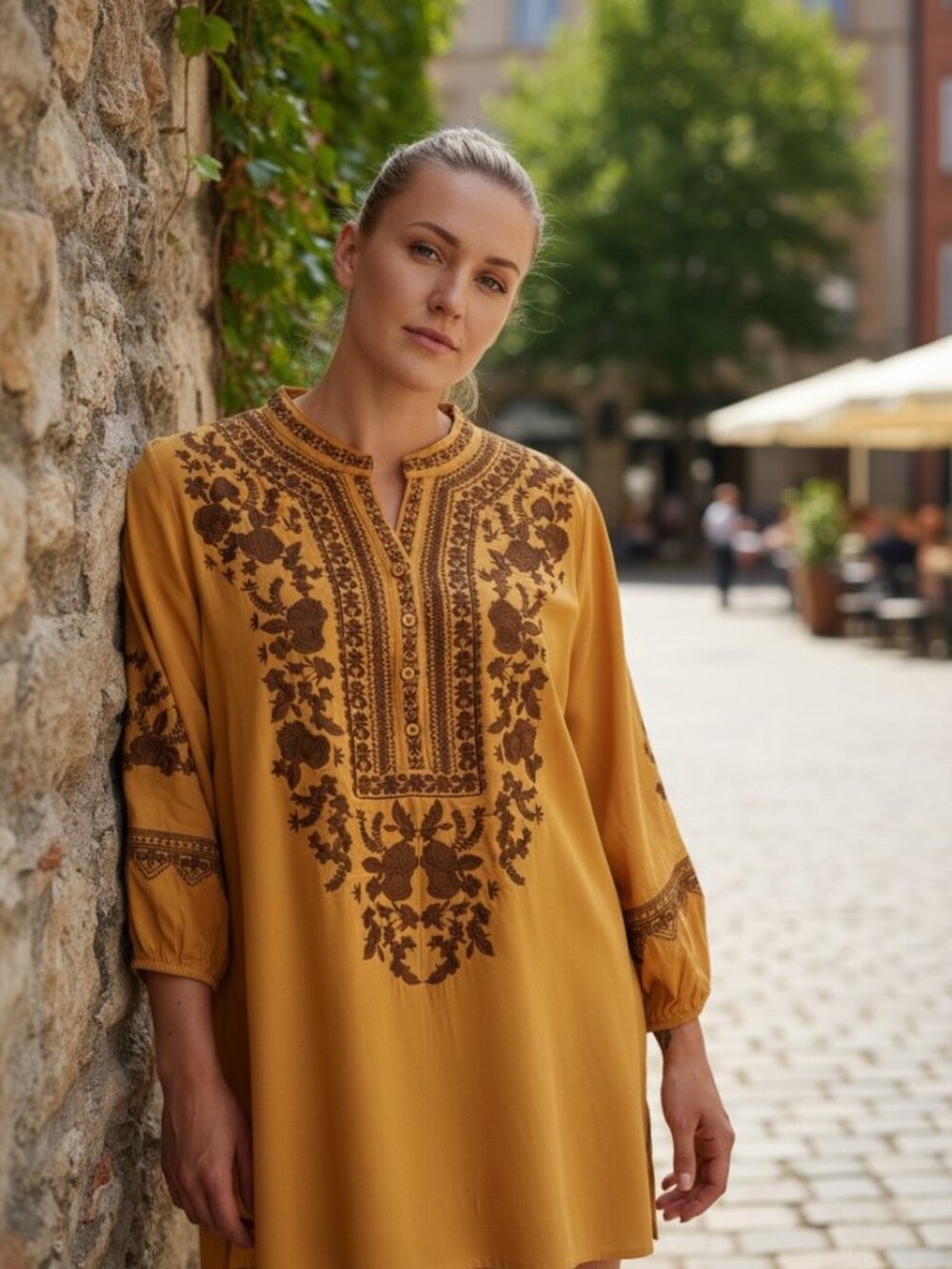 NWOT Angel Heart Boutique 2X Mustard Embroidered Boho Tunic Rayon Peasant Top